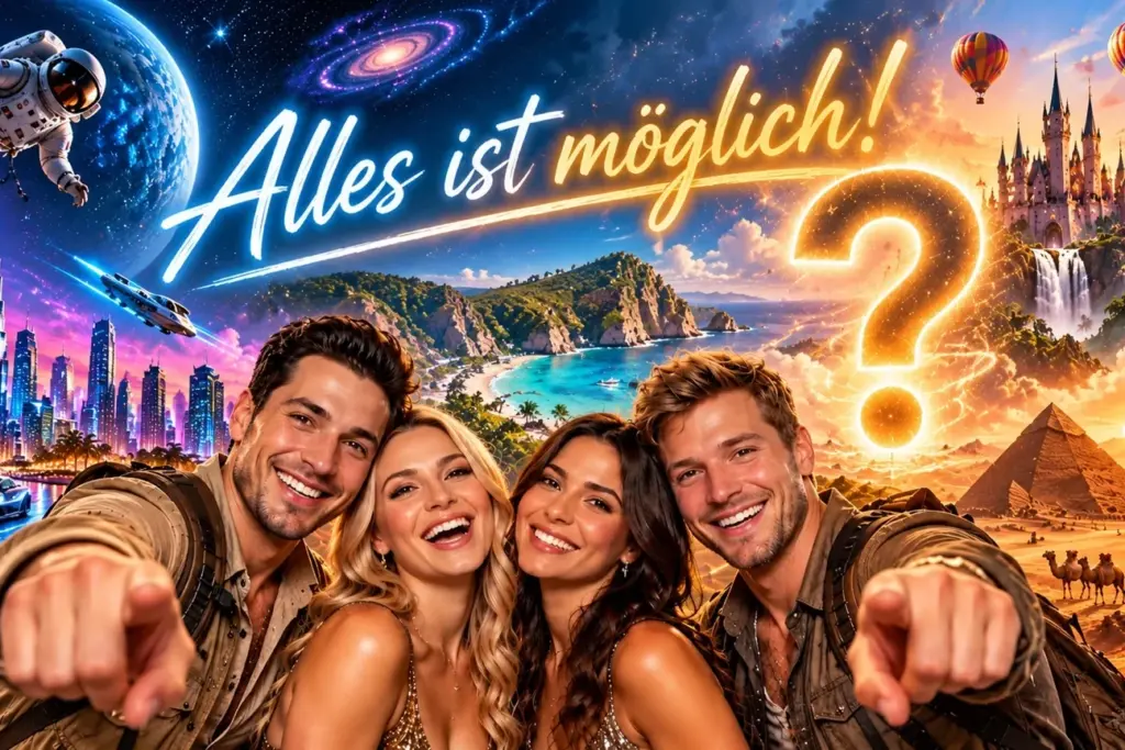 KI Fotobox mit vier Gästen vor einer fantasievollen Kulisse aus Weltraum, Märchenschloss, Traumstrand und Pyramiden.