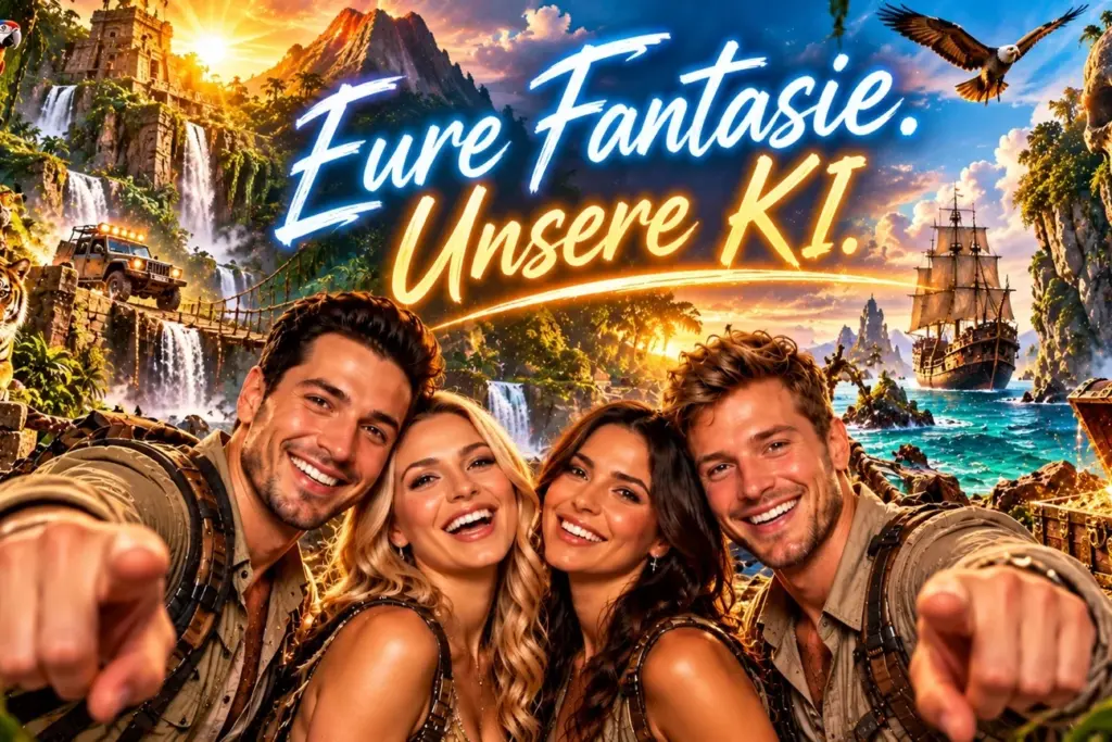 KI Fotobox mit vier Gästen in einer spektakulären Abenteuerwelt mit Wasserfällen, Piratenschiff und Dschungel.