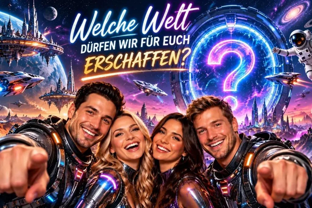 AI Photobooth mit vier Gästen in futuristischen Raumanzügen vor einem leuchtenden Weltraumportal.
