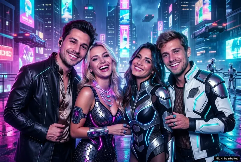 AI Photobooth mit vier Gästen in futuristischen Cyberpunk-Outfits vor einer neonbeleuchteten Großstadt.
