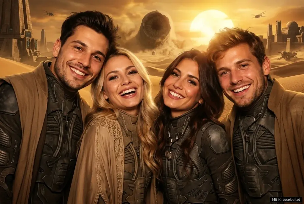 KI Fotobox mit vier Gästen als Science-Fiction-Charaktere auf einem Wüstenplaneten mit riesigem Sandwurm.