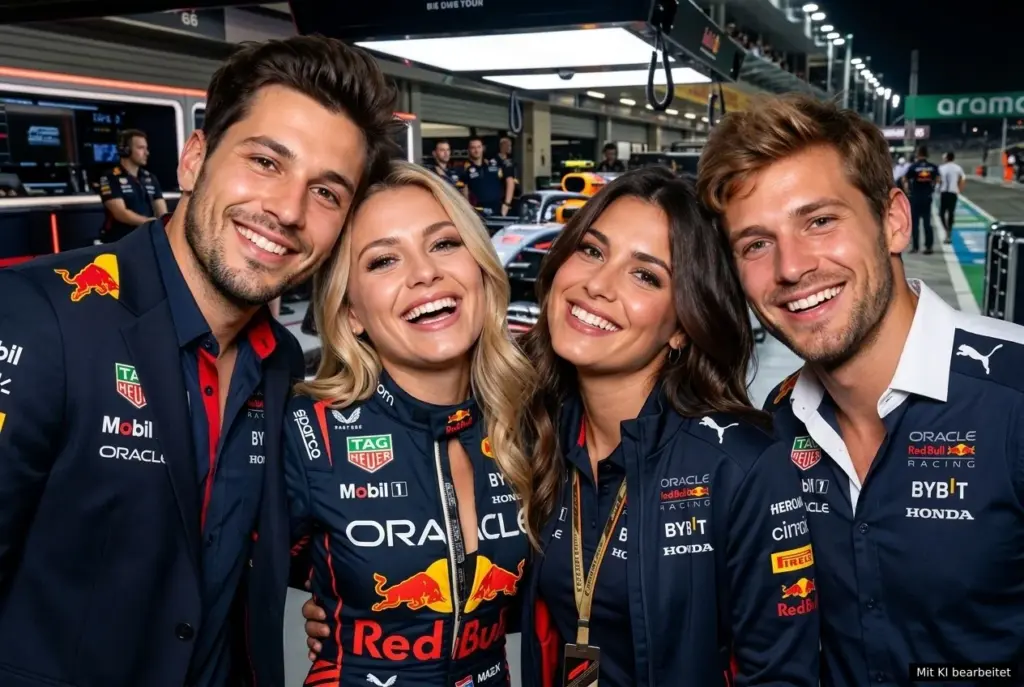 KI Fotobox mit vier Gästen in Formel-1-Teamkleidung im Fahrerlager eines Rennteams.