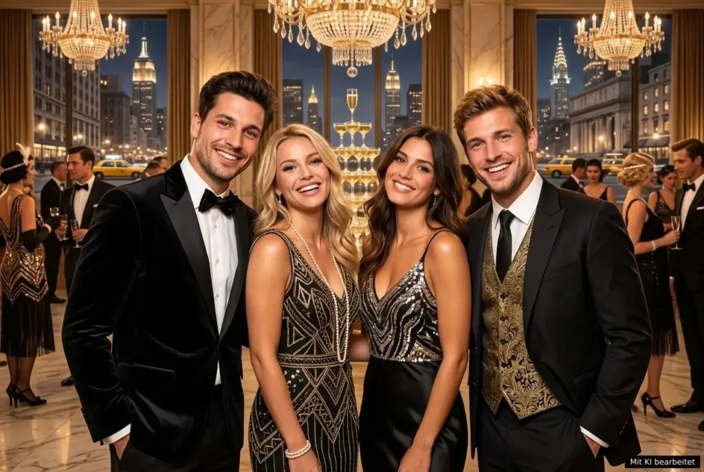 KI Fotobox mit vier Gästen in eleganter Kleidung im Stil der Goldenen Zwanziger vor der Skyline von New York.