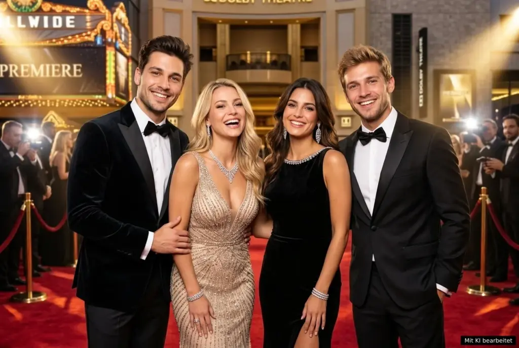 KI Fotobox mit vier elegant gekleideten Gästen auf dem roten Teppich bei einer Hollywood-Filmpremiere.