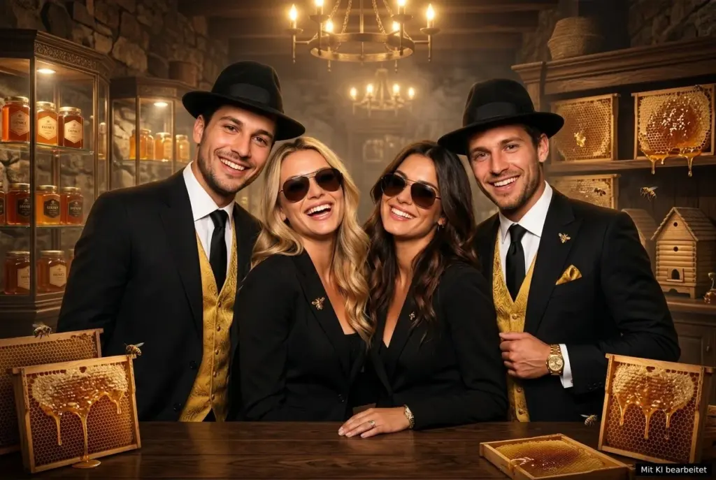 KI Fotobox mit vier Gästen als elegante Honey-Mafia-Gangster in einem luxuriösen Honigkeller.