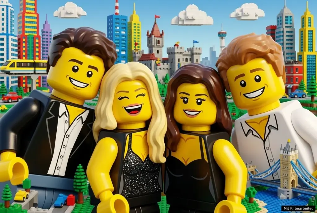 KI Fotobox verwandelt vier Gäste in gelbe LEGO-Figuren vor einer bunten Stadt aus Bausteinen.