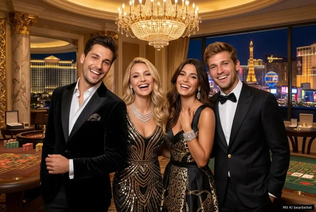KI Fotobox mit vier Gästen in eleganter Abendkleidung in einem luxuriösen Casino mit Blick auf Las Vegas.