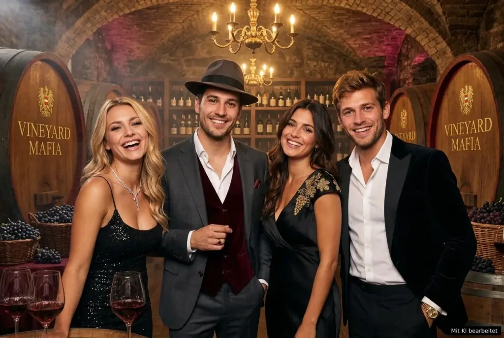 AI Photobooth mit vier Gästen im eleganten Mafia-Stil in einem luxuriösen Weinkeller.